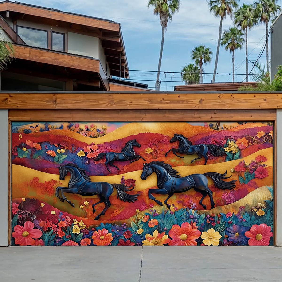 Shineful Garage Door Banner Decoration Colorful Horses