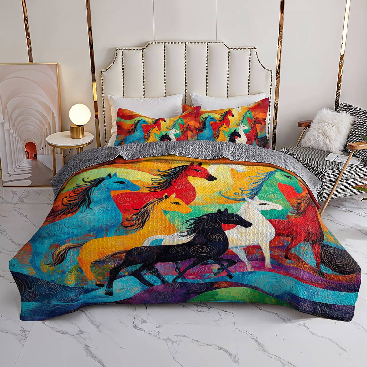 Shineful All Season Quilt 3-Piece Set Colorful Horses Racing