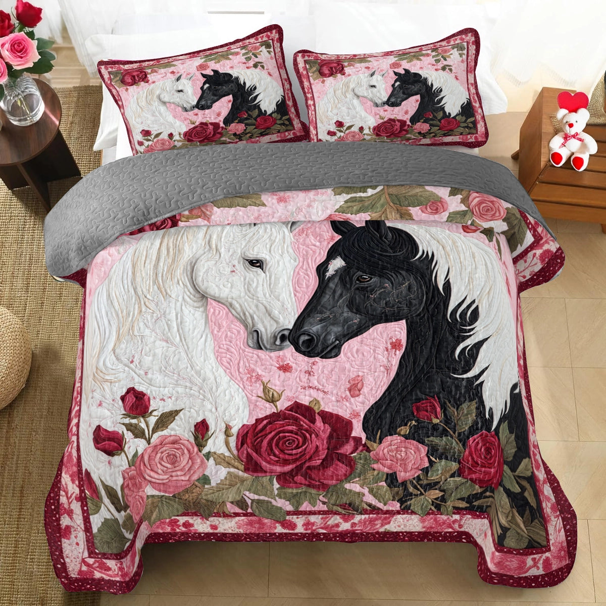 Shineful All Season Quilt 3-Piece Set Romantic Rose Horse