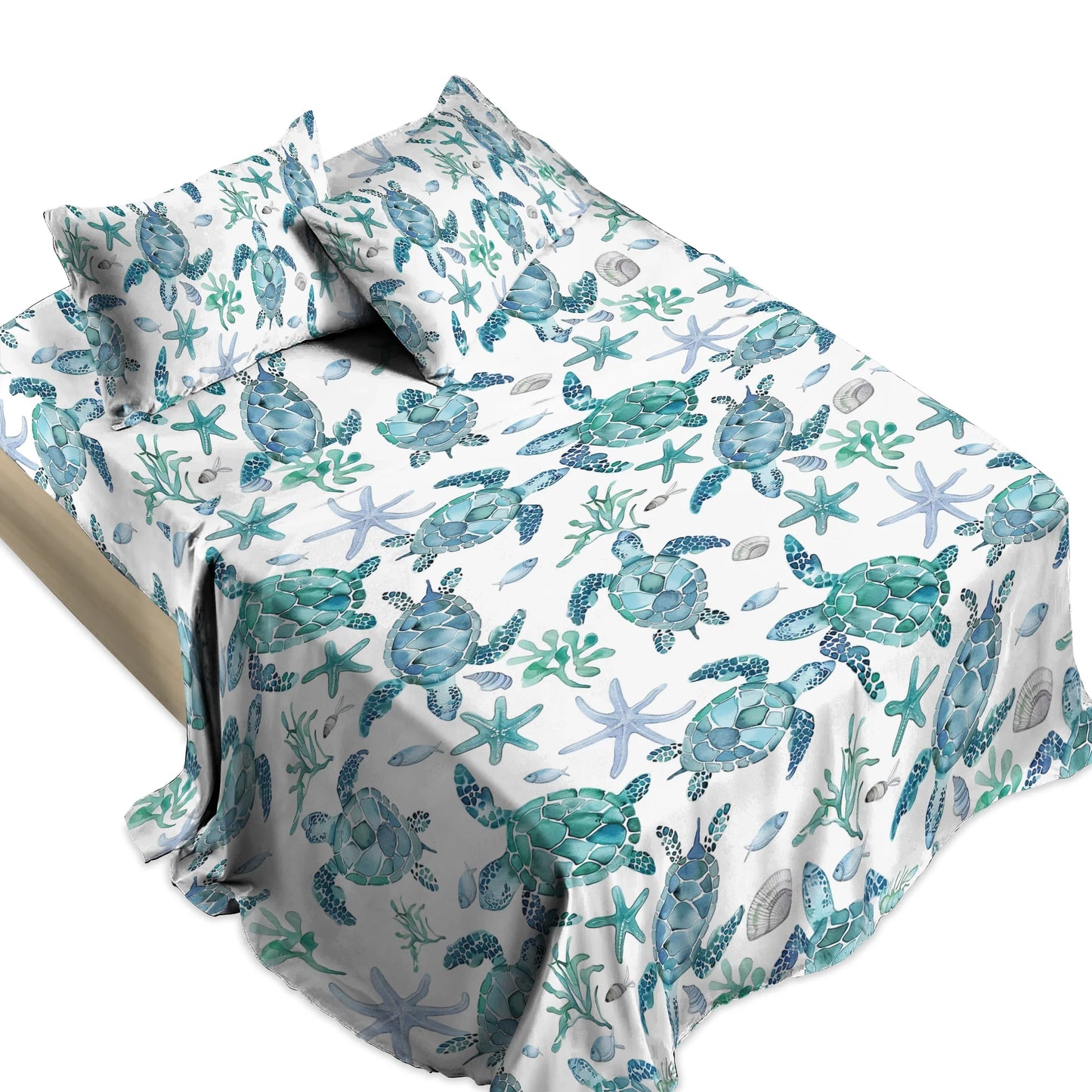 Shineful 4-Piece Bed Sheet Set - Sea Turtle Blue Flow