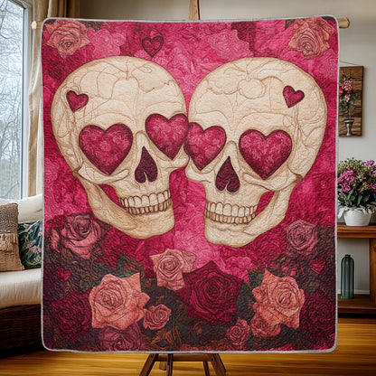 Shineful Flat Print Faux Quilt Blanket - Eternal Love Skulls Surrounded by Roses and Passion