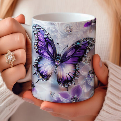 Tasse en céramique brillante et élégante avec papillon violet en cristal