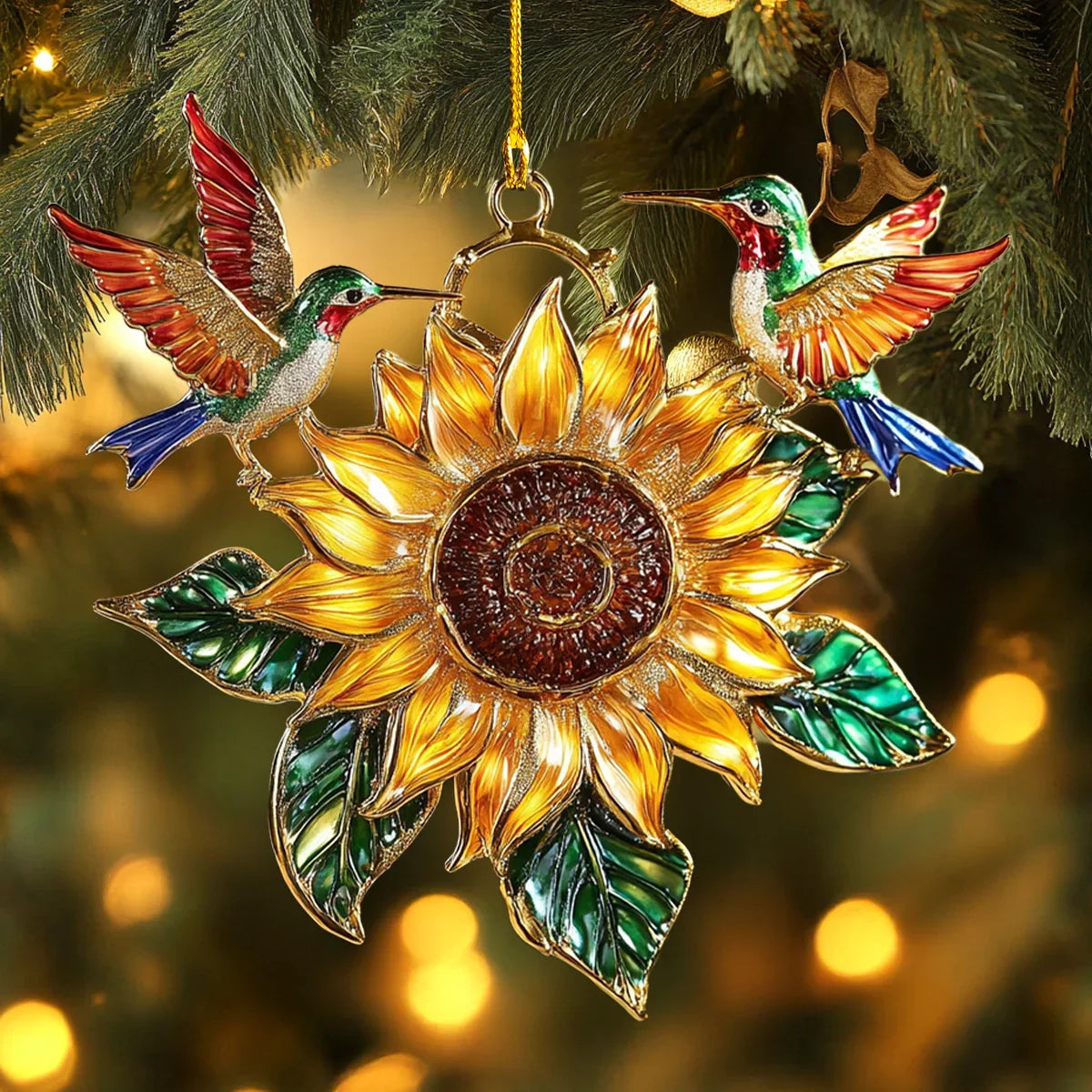 Shineful 2D Acrylic Ornament Golden Sunflower & Hummingbird Harmony