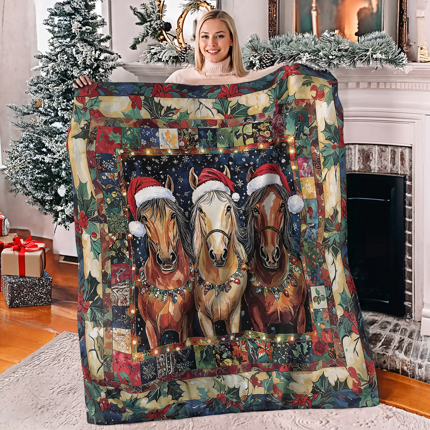 Shineful Fleece Blanket Holiday Horse Trio