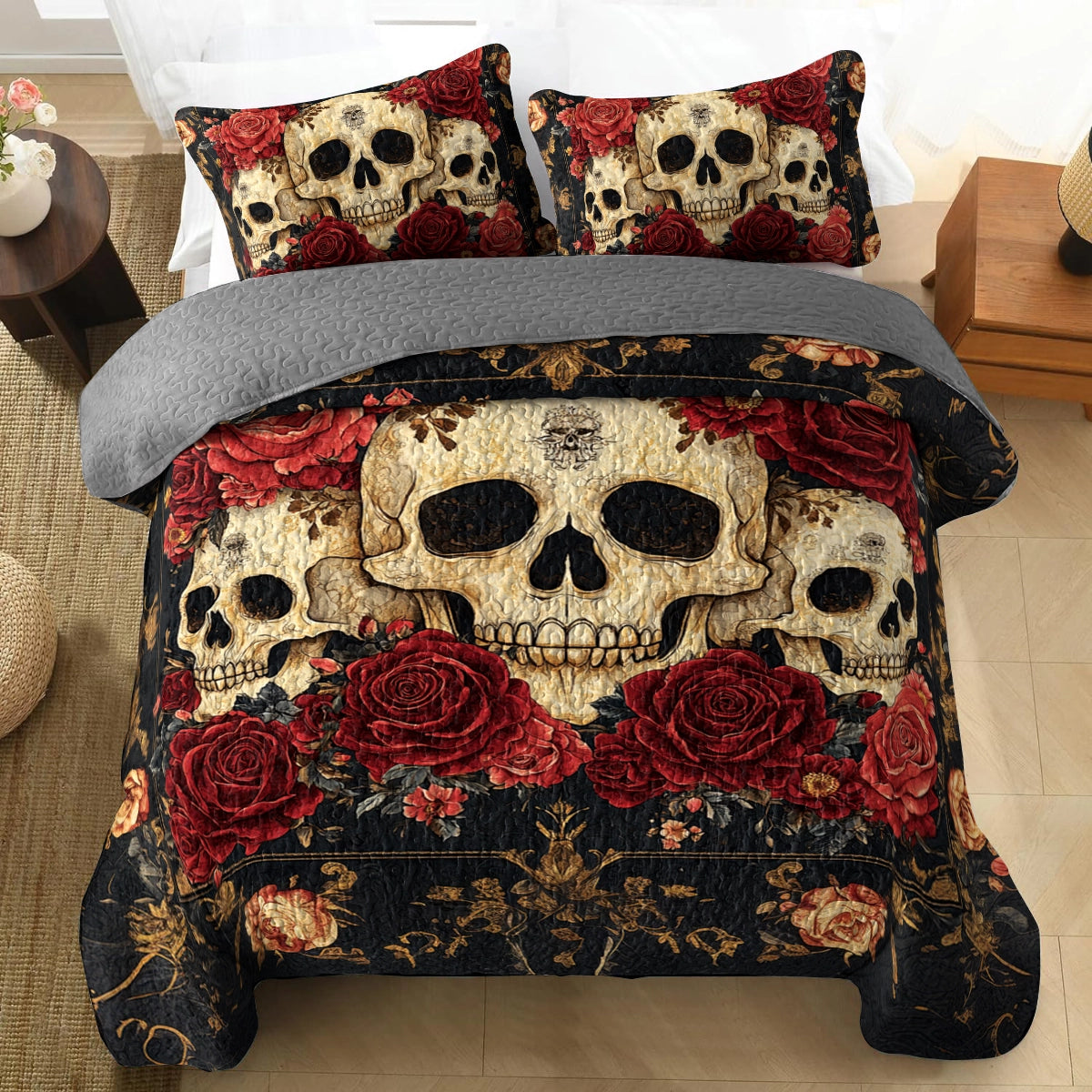 Shineful All Season Quilt 3-Piece Set Gothic Night Rose Skulls