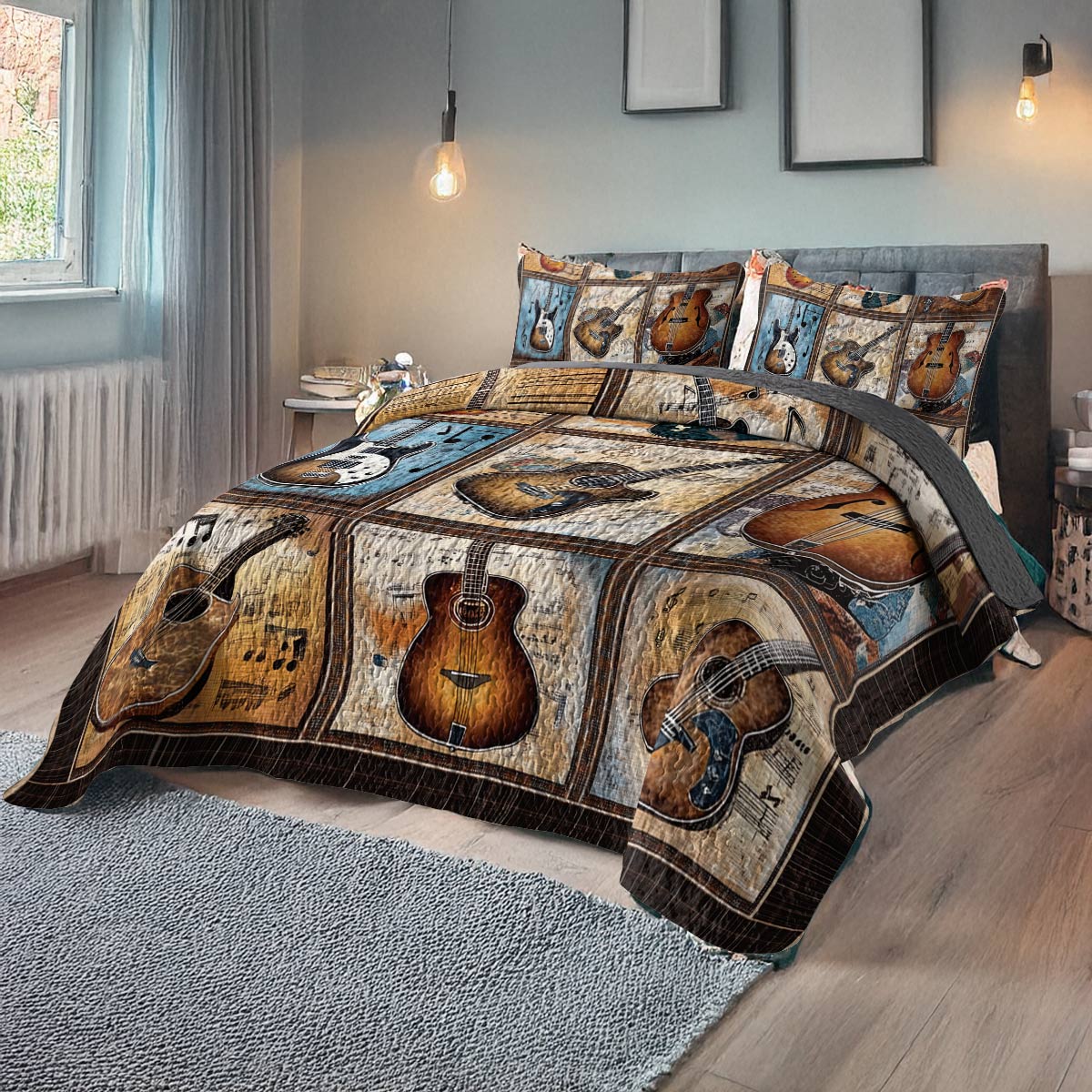 Shineful All Season Quilt 3-Piece Set - Rustic Guitar Patchwork