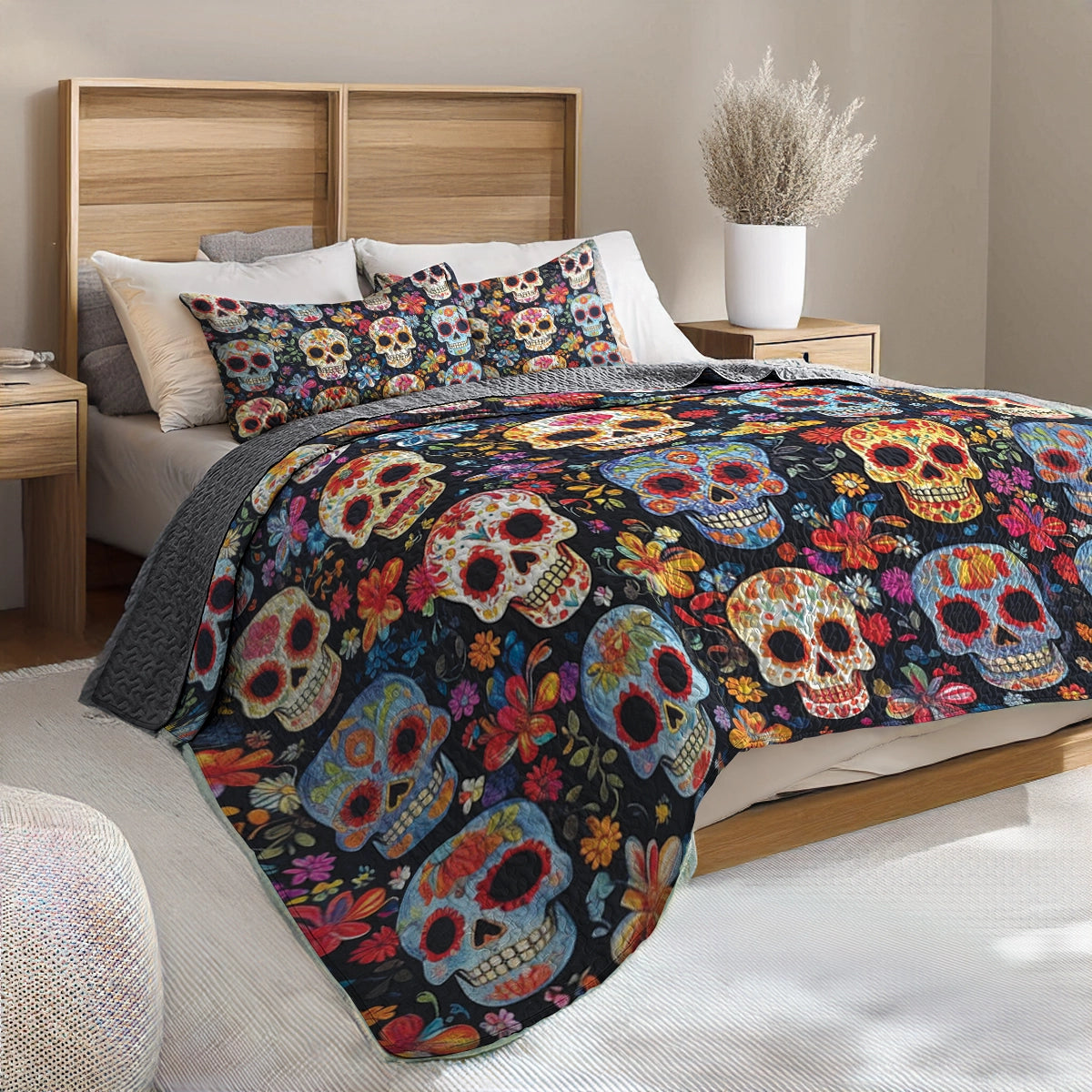 Shineful All Season Quilt 3-Piece Set - Colorful Skulls & Blooms