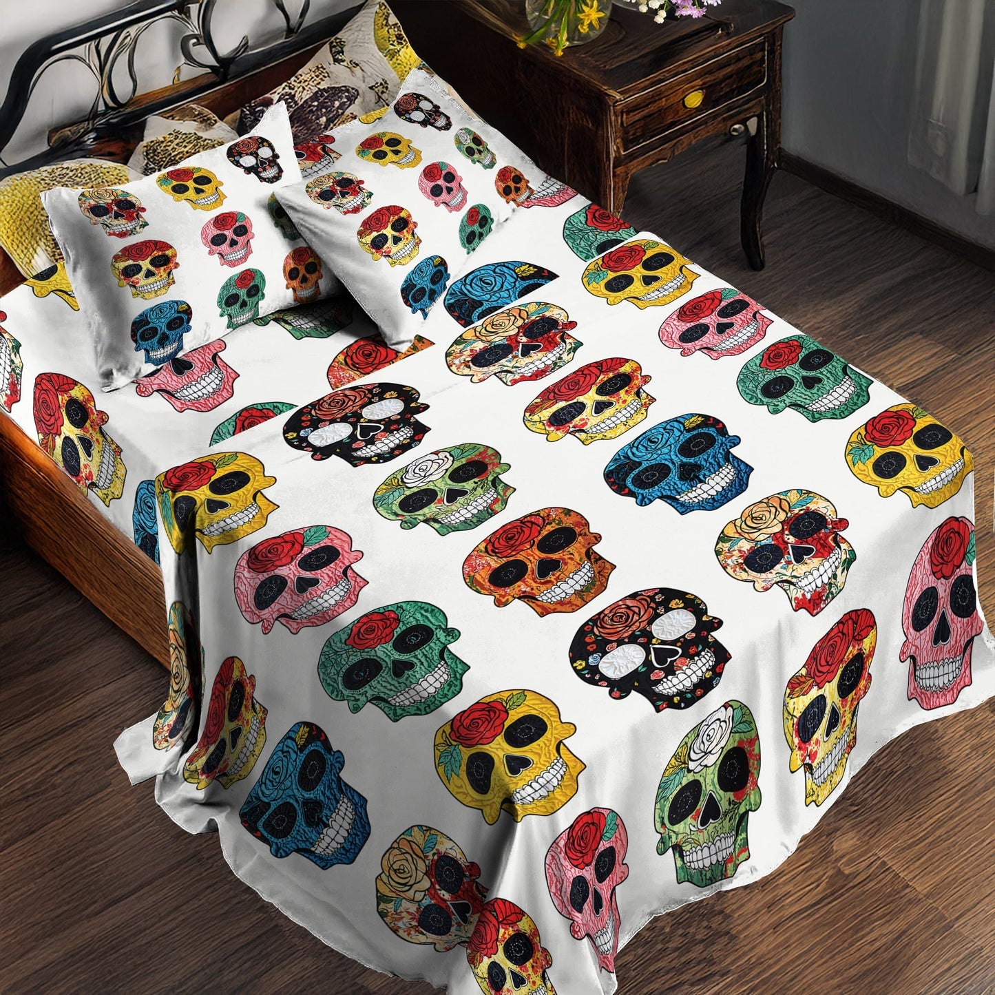 Shineful 4-Piece Bed Sheet Set - Colorful Sugar Skull Roses