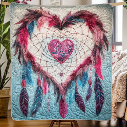 Shineful Flat Print Faux Quilt Blanket - Heartfelt Dreamcatcher of Feathers and Whimsy