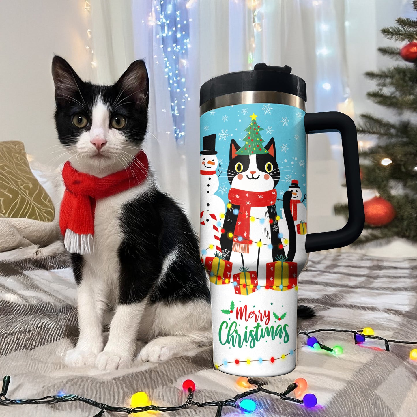 Shiny Tumbler Freche Katze mit Weihnachtslicht