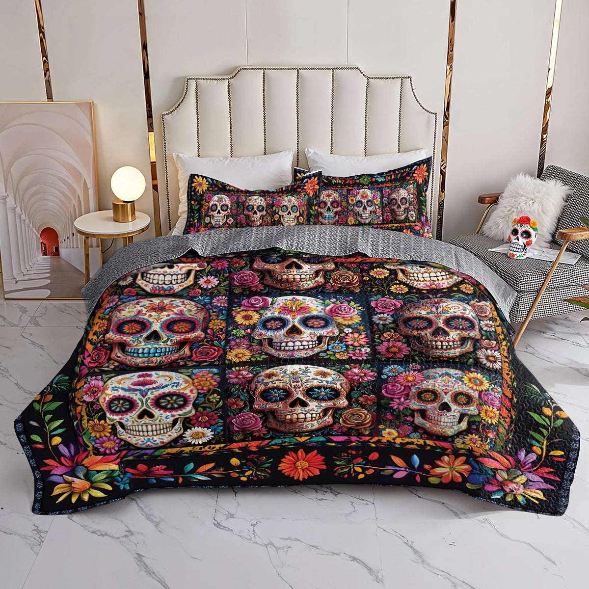 Shineful All Season Quilt 3-Piece Set Blossom Skull Elegance