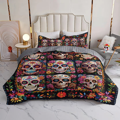 Shineful All Season Quilt 3-Piece Set Blossom Skull Elegance