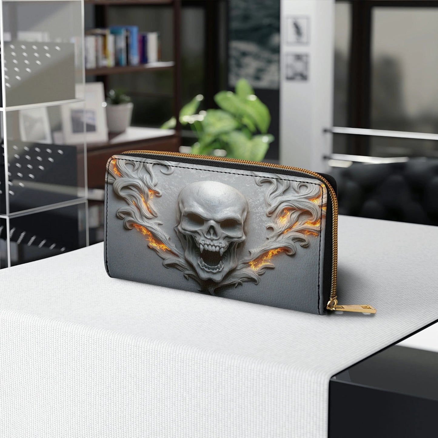 Shineful Leather Clutch Purse With Wristlet Strap Handle Skull Burning Soul