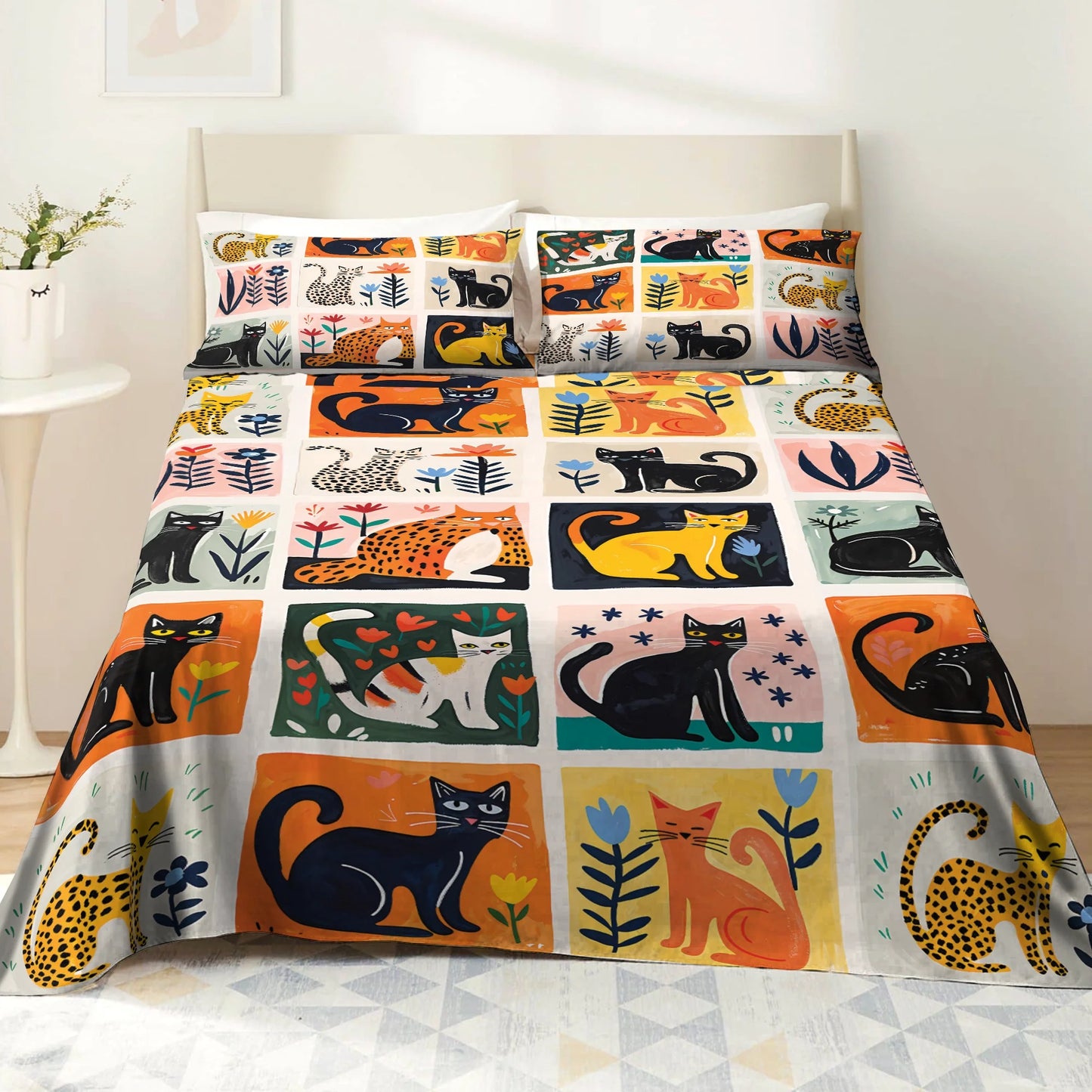 Shineful 4-Piece Bed Sheet Set - Cat Fantasy Garden