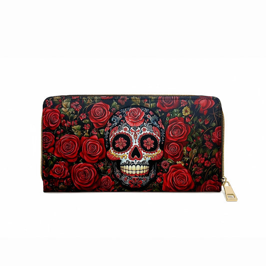 Glänzende Clutch aus Leder mit Trageriemen und Rosen und Zuckerschädel-Eleganz