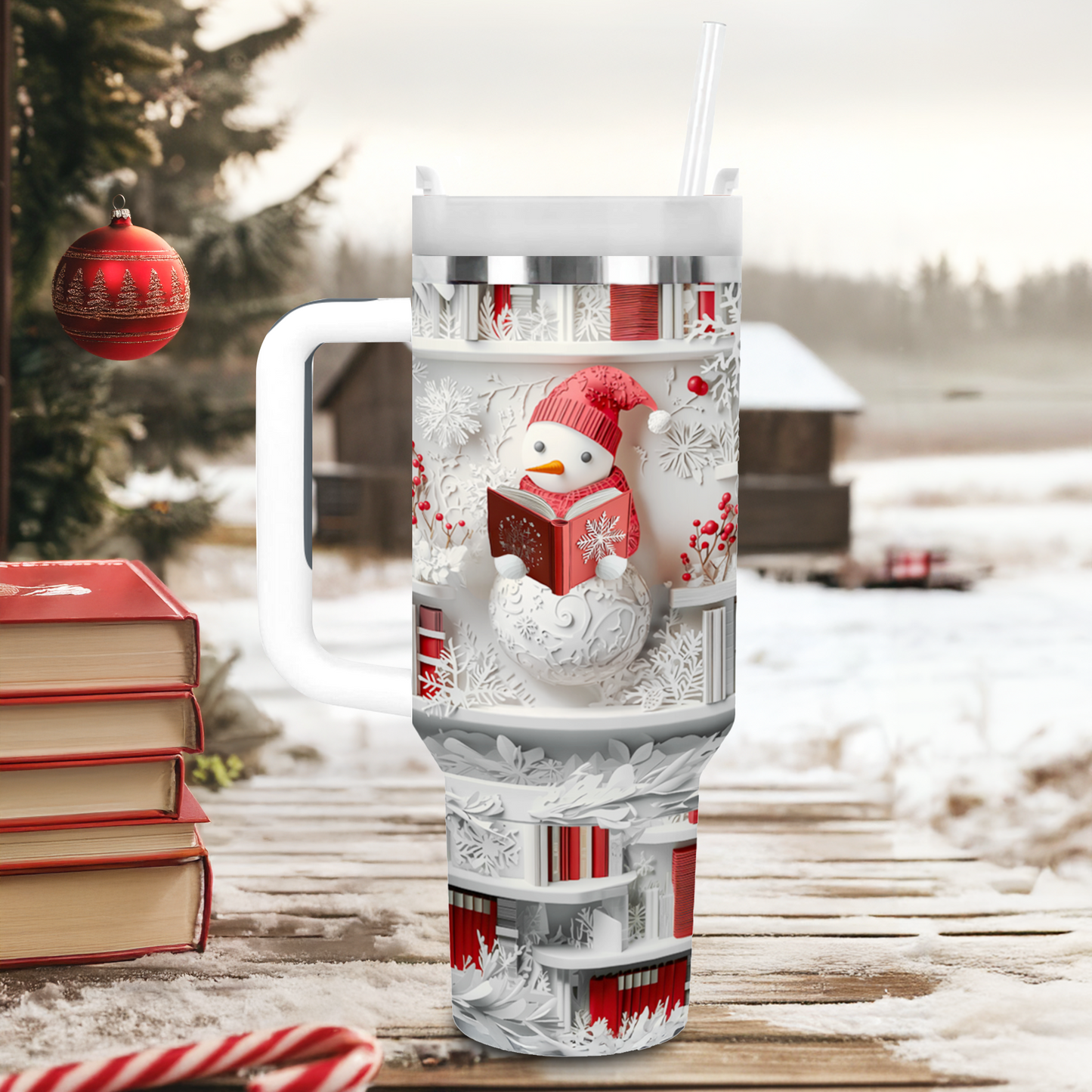 Shineful Tumbler Whimsical Snowman Book Lover