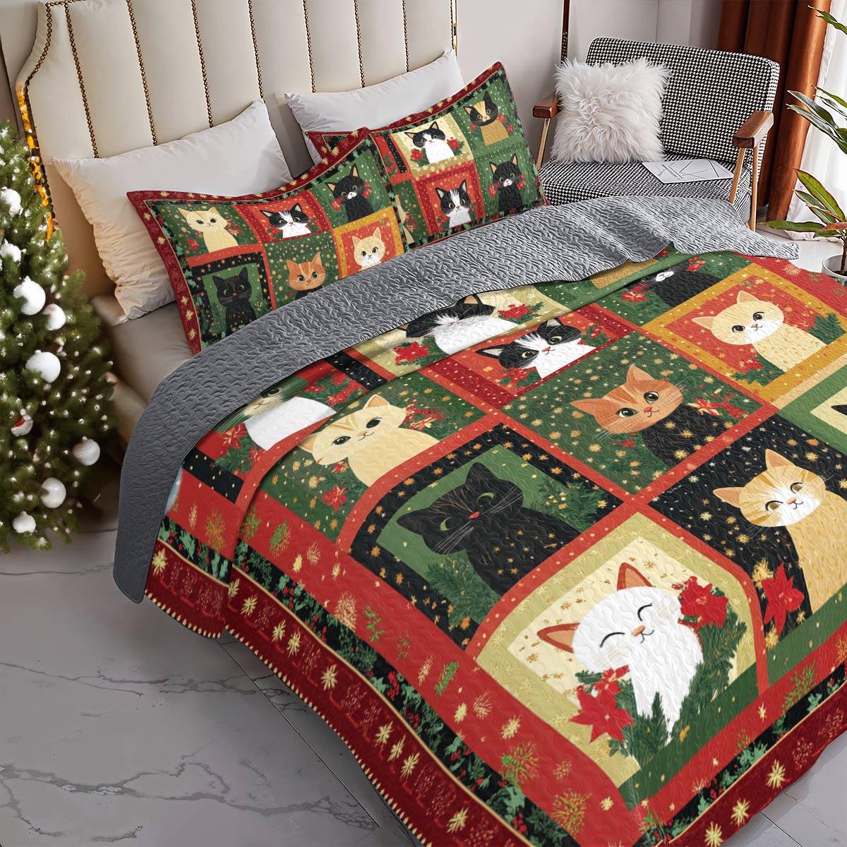 Shineful All Season Quilt 3-Piece Set Holiday Kittens