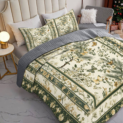 Shineful All Season Quilt 3-Piece Set Natural Flower Garden with Butterfly