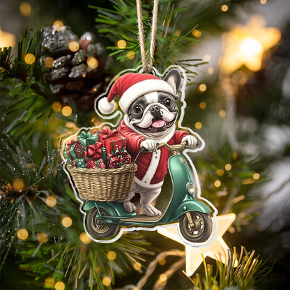 Glänzendes Acryl-Ornament Scooter Santa Frenchie