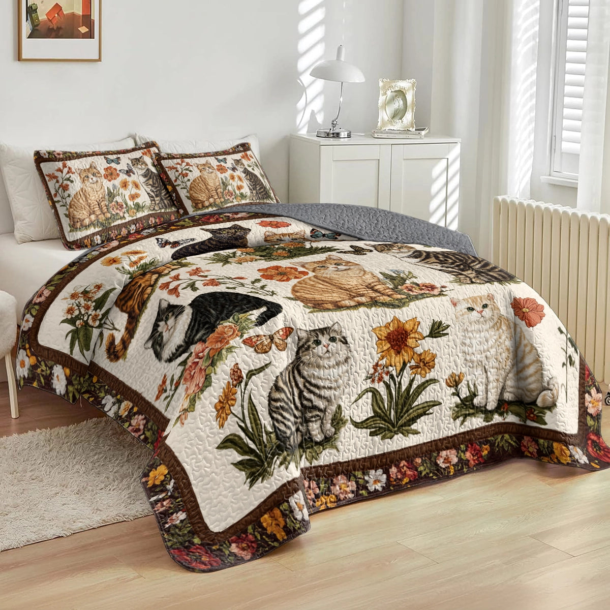 Shineful All Season Quilt 3-Piece Set Cat Floral Heaven