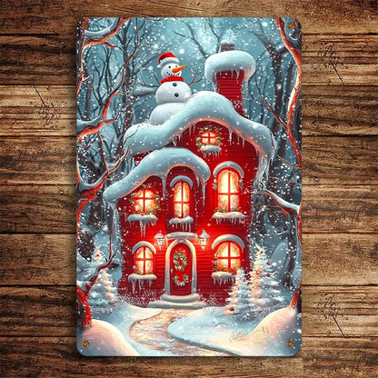 Shineful 2D Metal Sign Christmas Snowy Red House