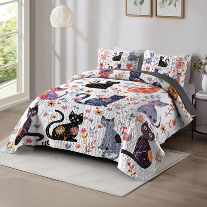 Shineful All Season Quilt 3-Piece Set Whimsical Cat Garden