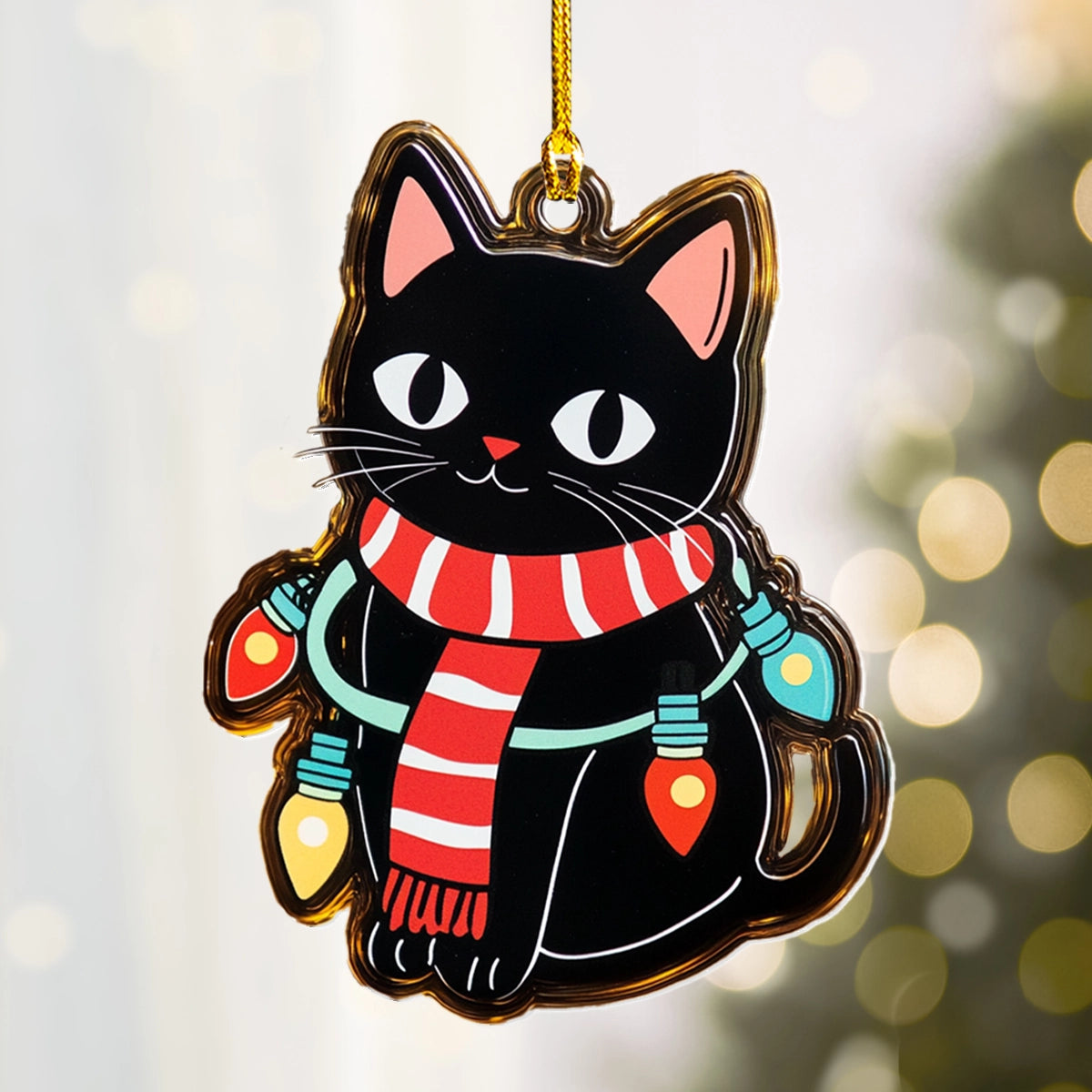 Glänzendes 2D-Ornament aus Acryl – Festliche Katze leuchtet