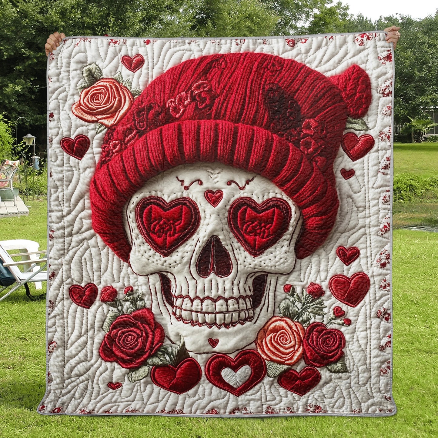 Shineful Flat Print Faux Quilt Blanket - Romantic Skull Art with Roses and Heartful Elegance