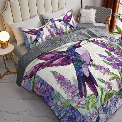 Shineful All Season Quilt 3-Piece Set Purple and Pink Hummingbird