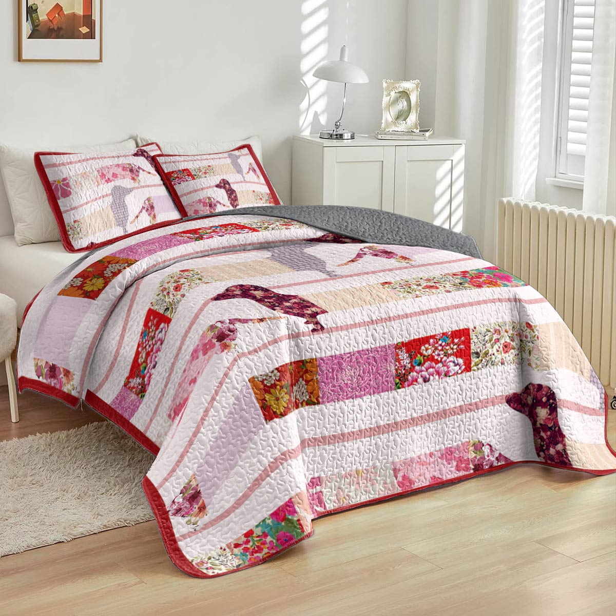 Shineful All Season Quilt 3-Piece Set Floral Dachshunds