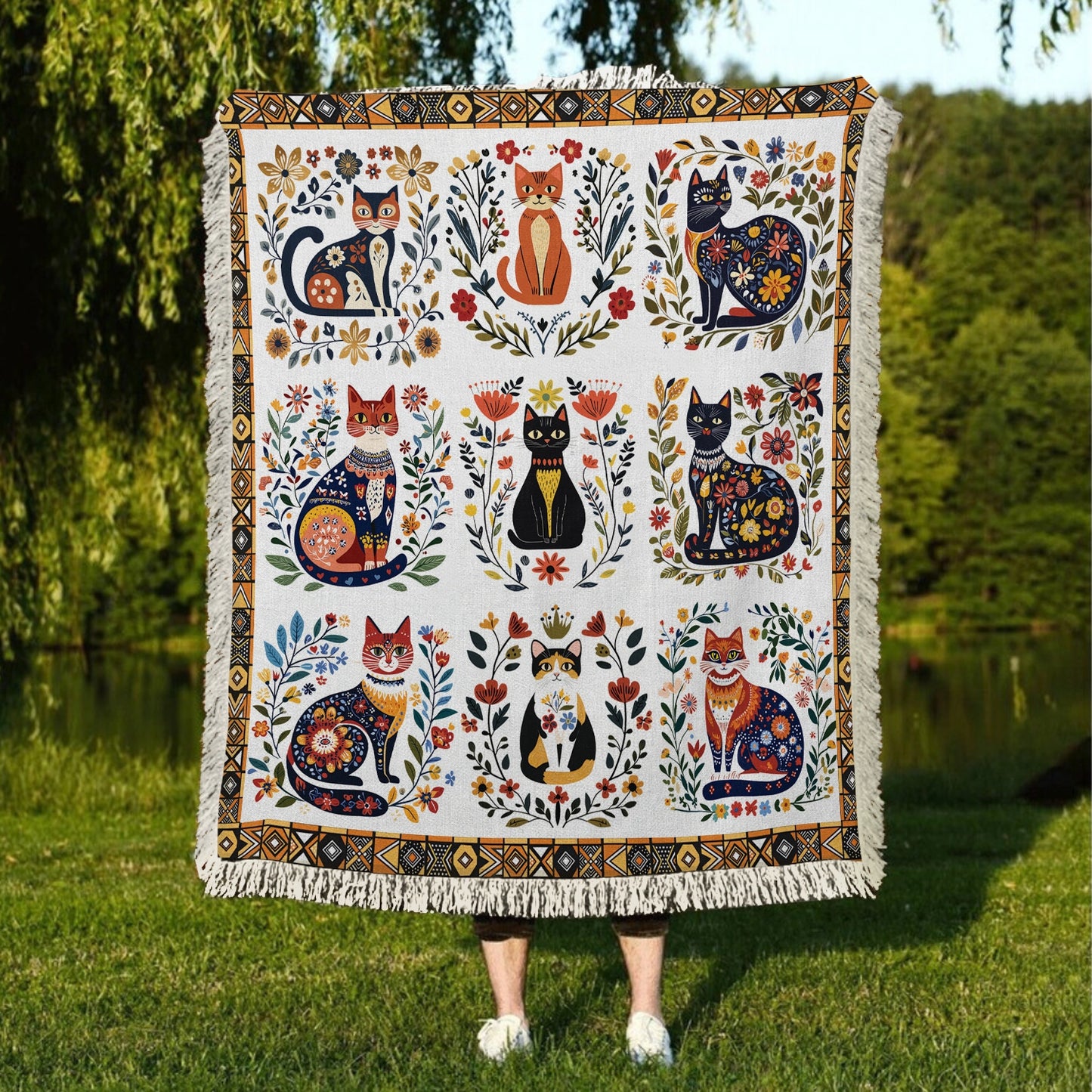 Shineful Woven Tapestry Throw Blanket Folk Cat Garden