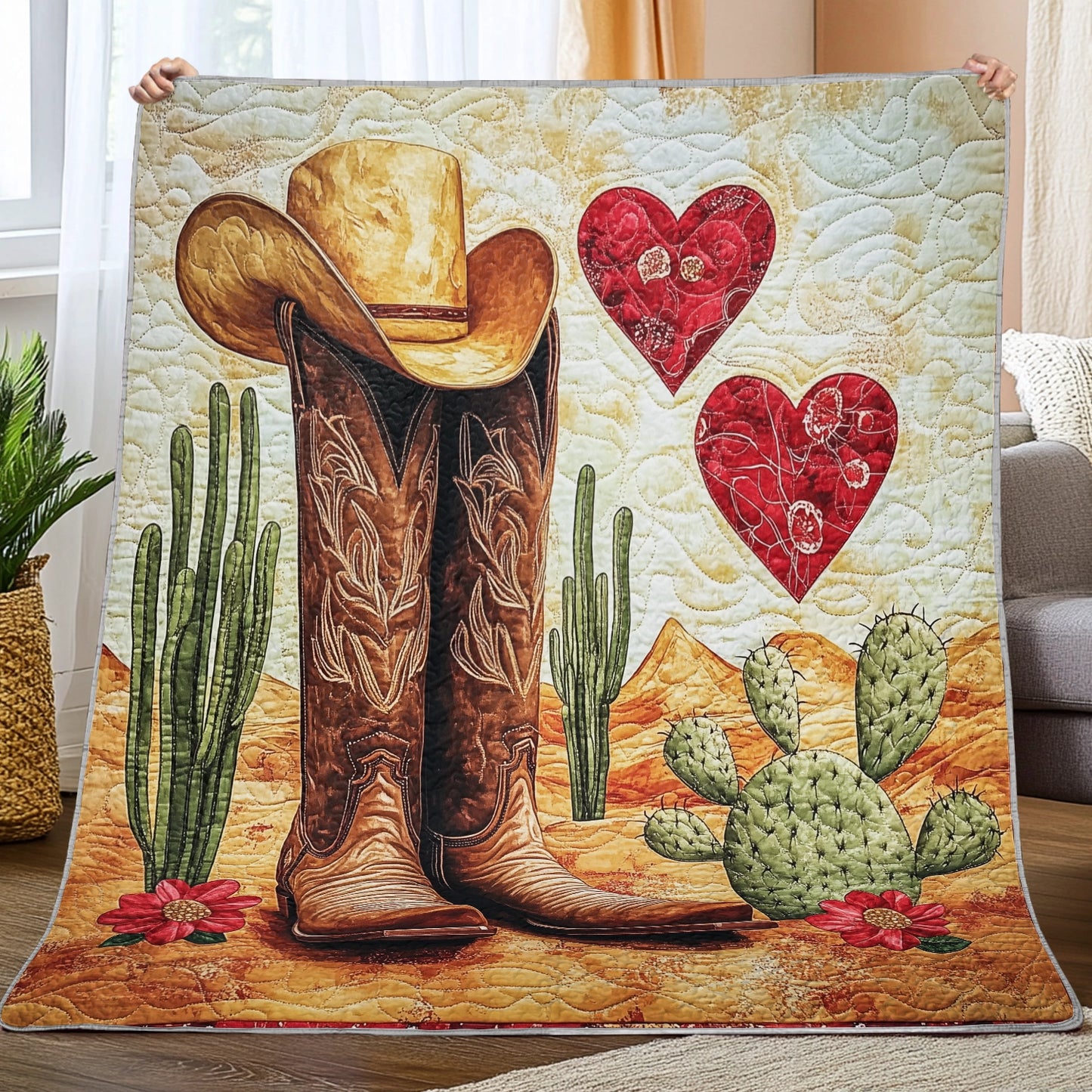 Shineful Flat Print Faux Quilt Blanket - Western Charm with Cowboy Boots and Cactus