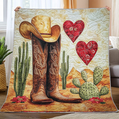 Shineful Flat Print Faux Quilt Blanket - Western Charm with Cowboy Boots and Cactus