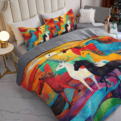 Shineful All Season Quilt 3-Piece Set Colorful Horses Racing