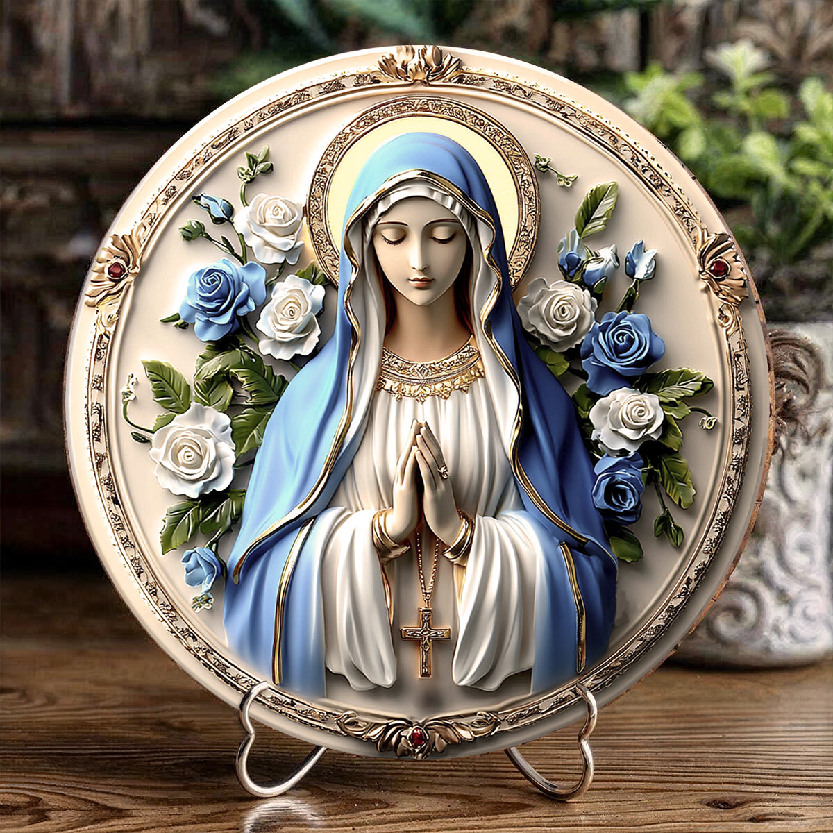 Shineful 2D Wooden Plaque, Hanging Decor, Door Sign - Peaceful Virgin Mary Roses