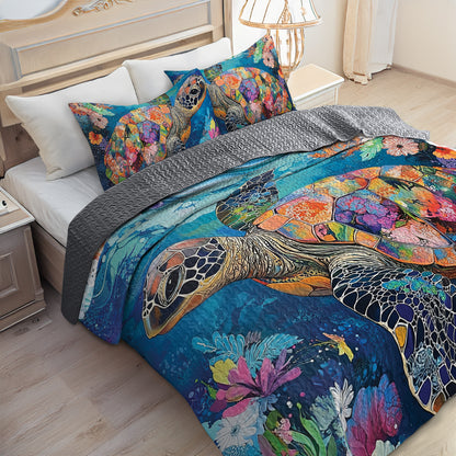 Shineful All Season Quilt 3-Piece Set Floral Sea Turtle