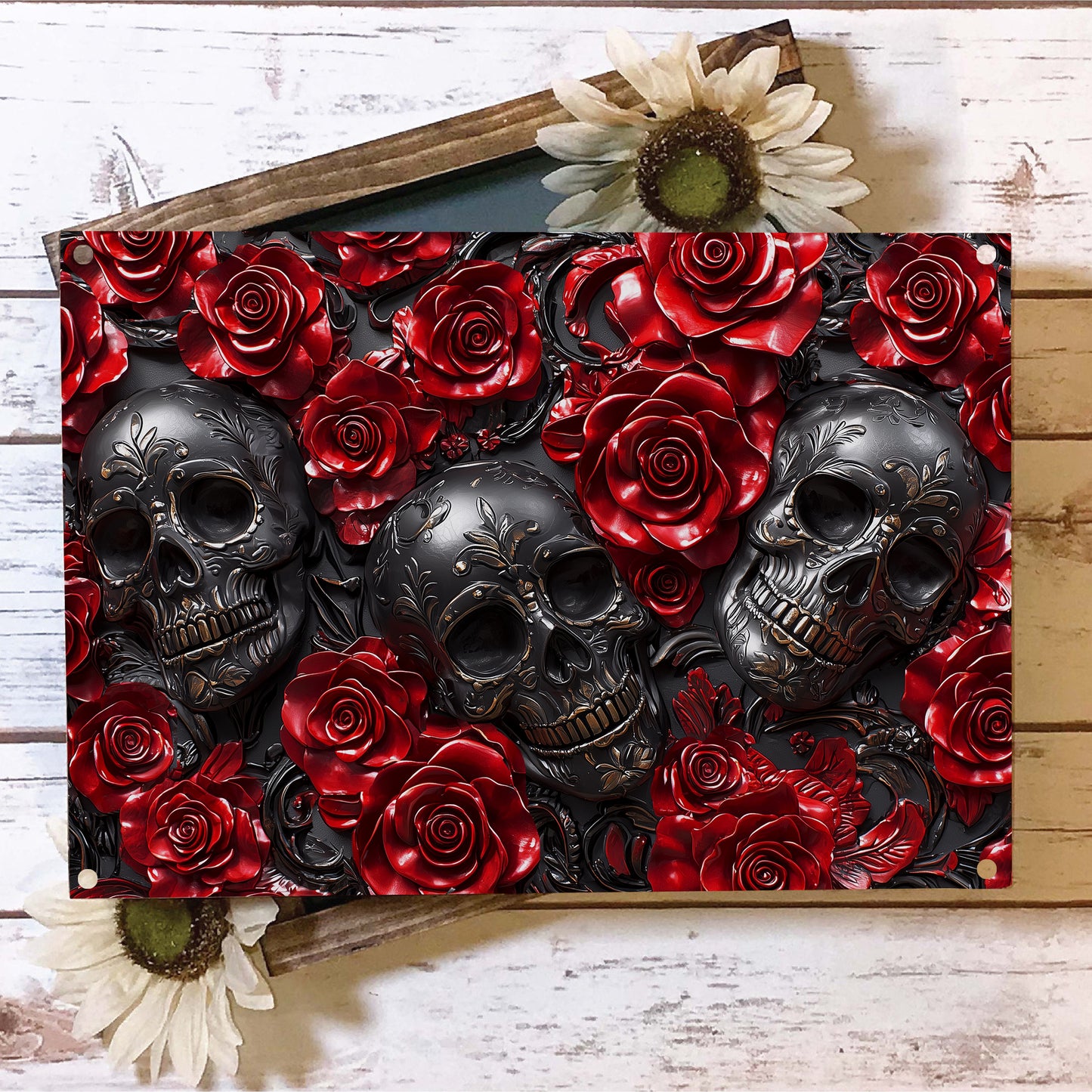 Glänzendes 2D Metallschild Muster Mystery Red Roses Skull