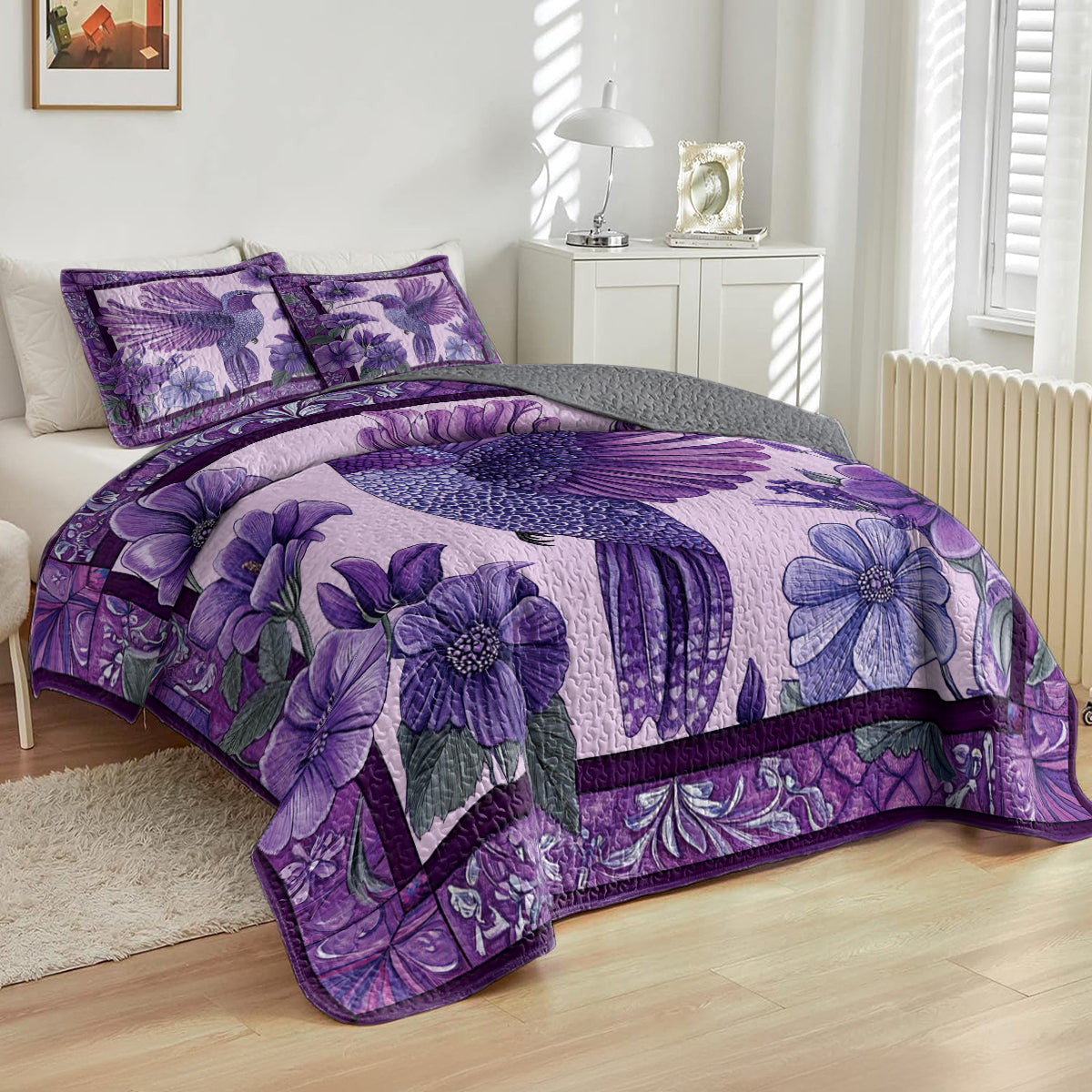 Shineful All Season Quilt 3-Piece Set Purple Hummingbird