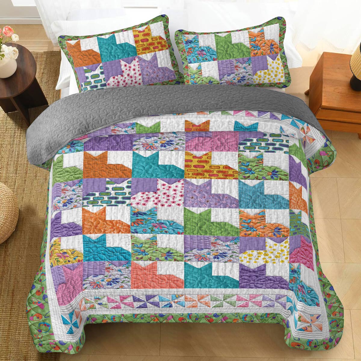 Shineful All Season Quilt 3-Piece Set Colorful Cats