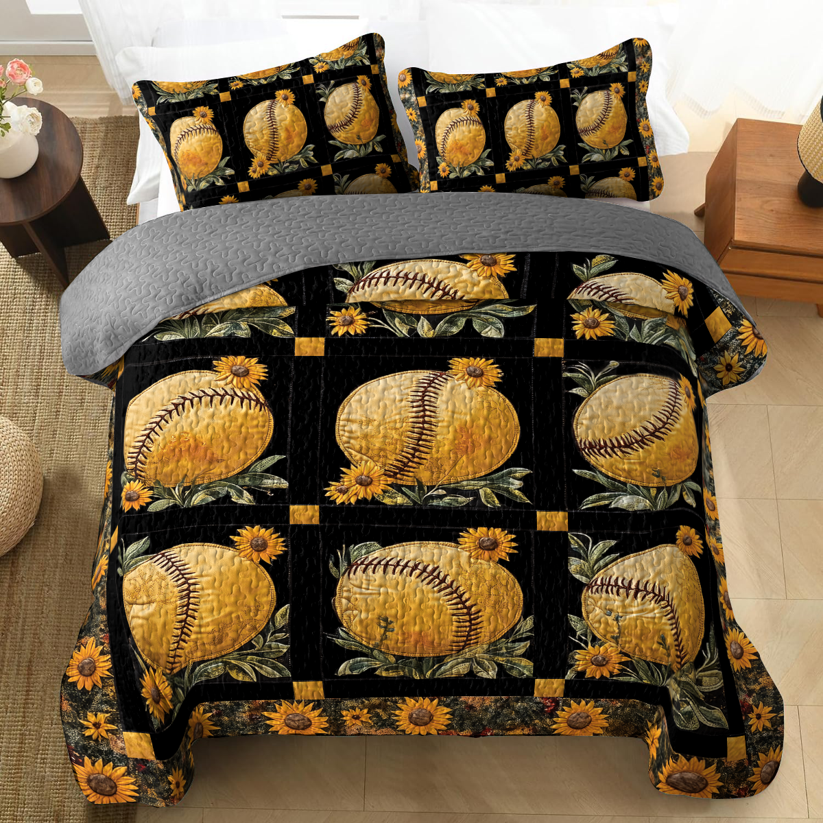 Shineful All Season Quilt 3-Piece Set - Golden Fields & Softballs