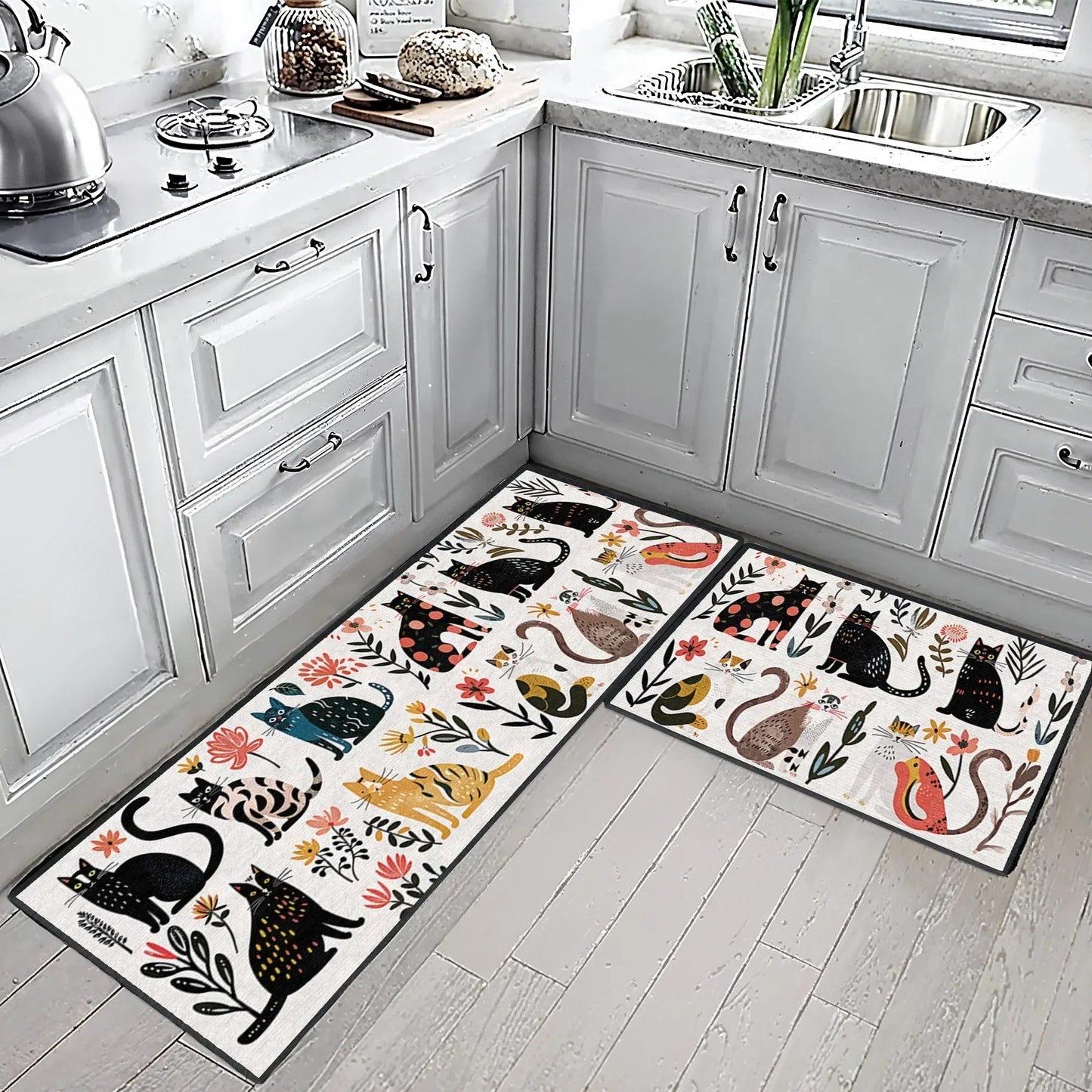 Shineful Ultra-Thin Non Skid Floor Mat, Kitchen Rugs Rug Botanical Cat Bliss