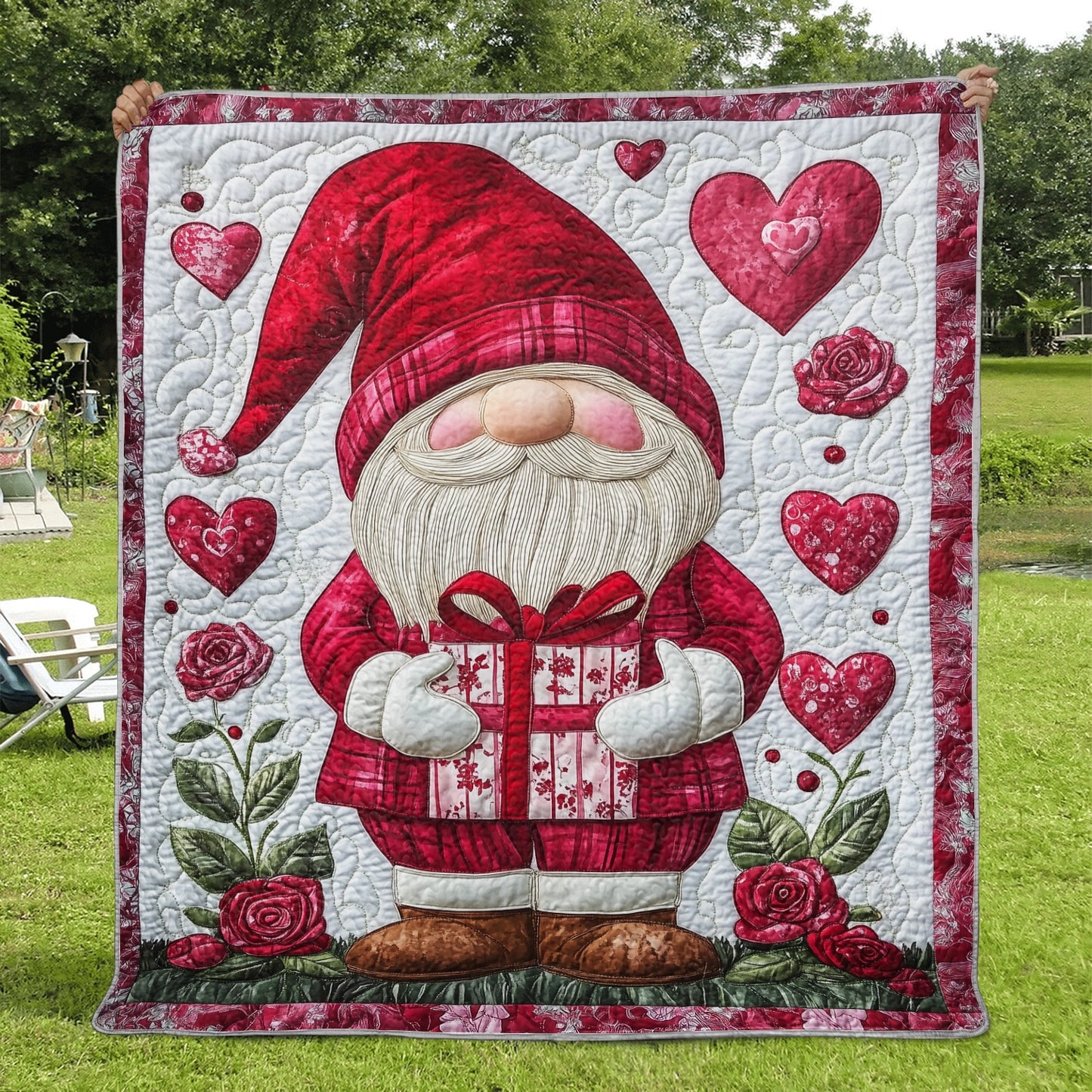 Shineful Flat Print Faux Quilt Blanket - Valentine's Day Gnome with Heartfelt Gifts and Roses