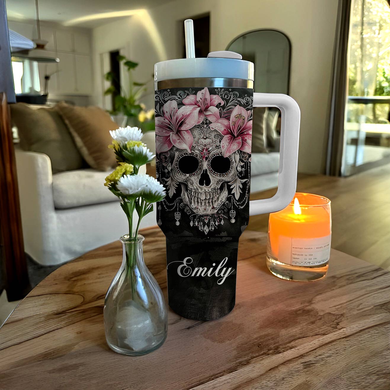 Shineful Tumbler Personalized Skull With Lilies Lovely