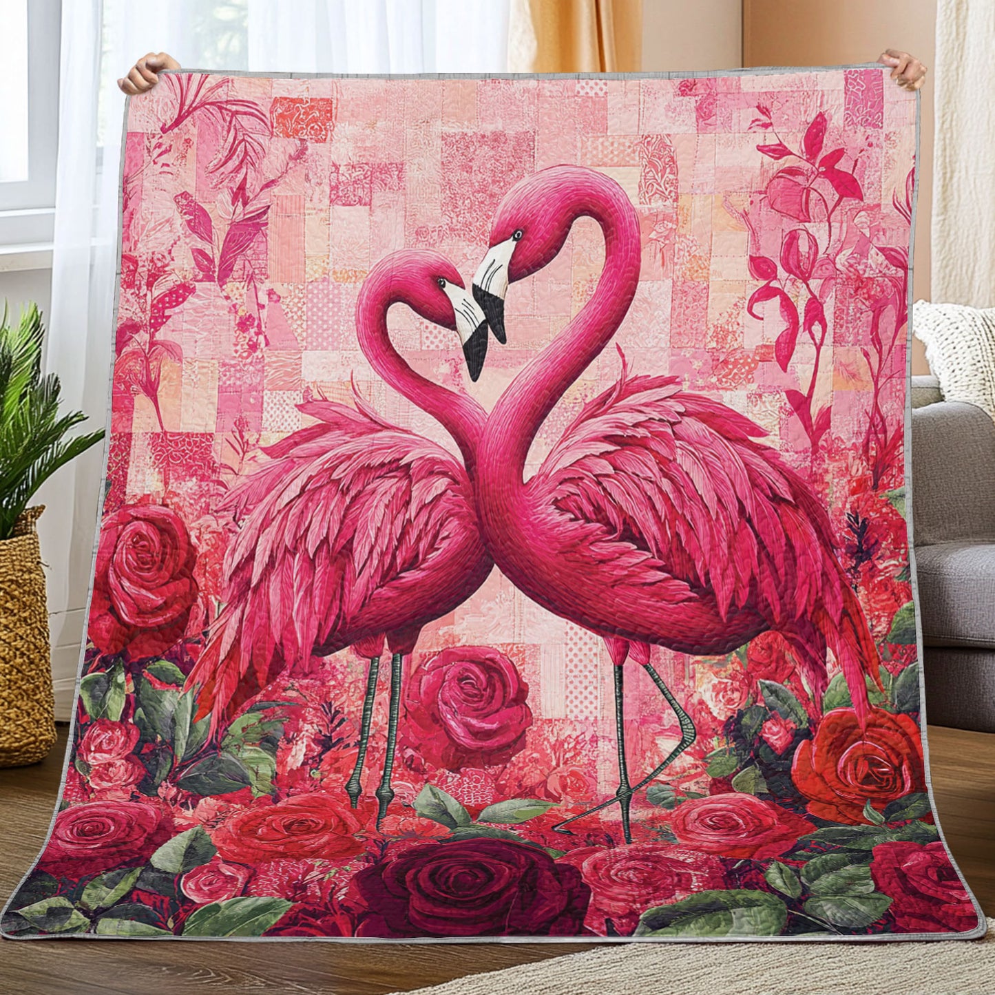 Shineful Flat Print Faux Quilt Blanket Romantic Flamingo