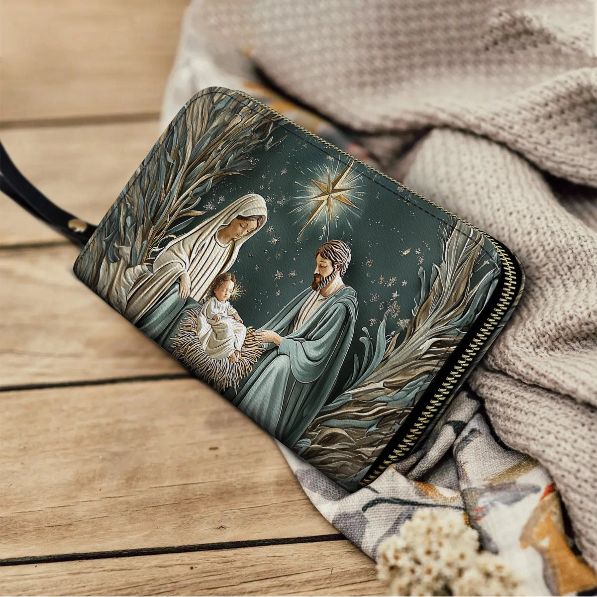 Glänzende Clutch aus Leder mit Trageriemen, Divine Silent Night Nativity