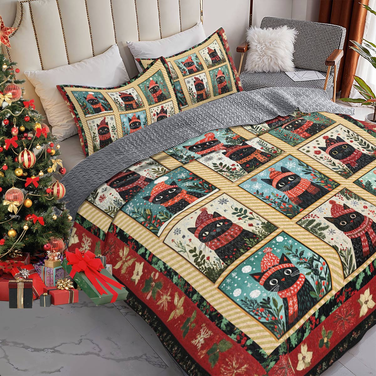 Shineful All Season Quilt 3-Piece Set Cat Christmas Potrait