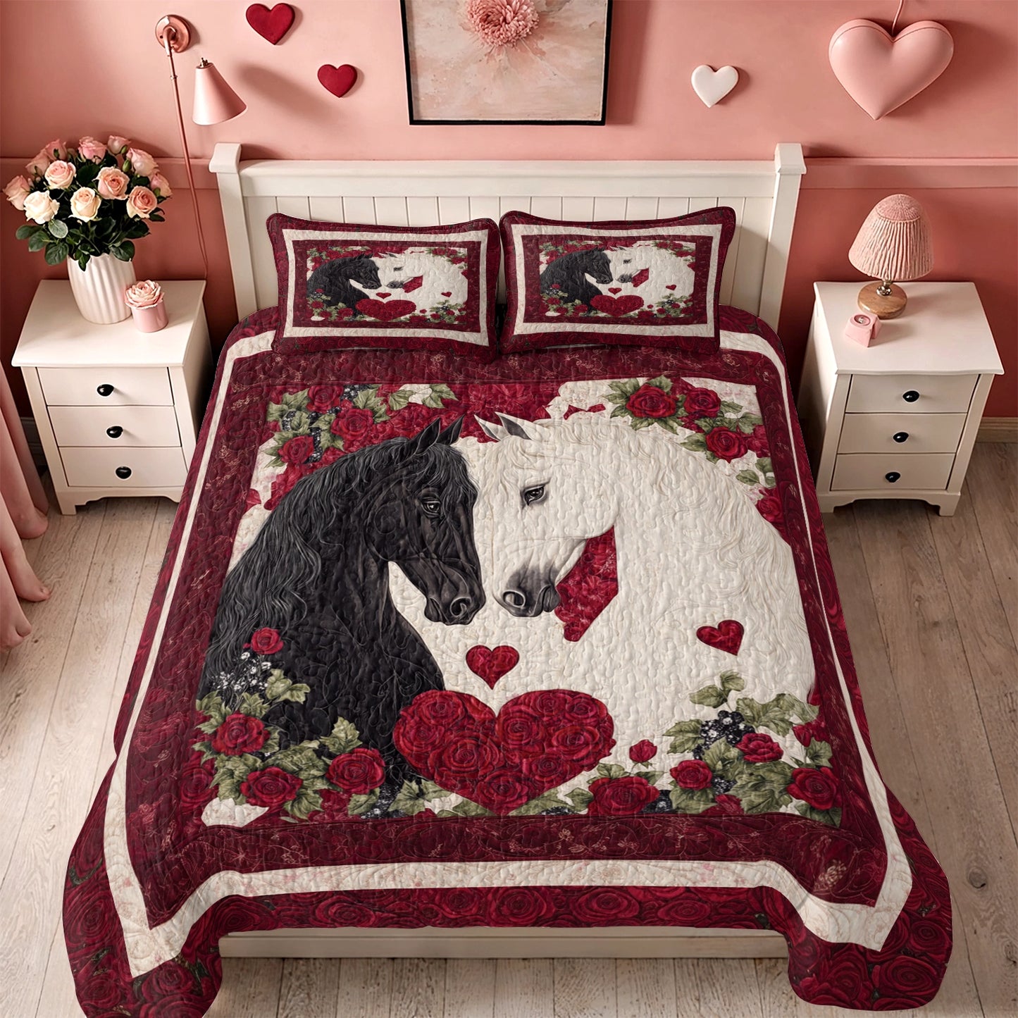 Shineful All Season Quilt 3-Piece Set Lovers’ Embrace Horse