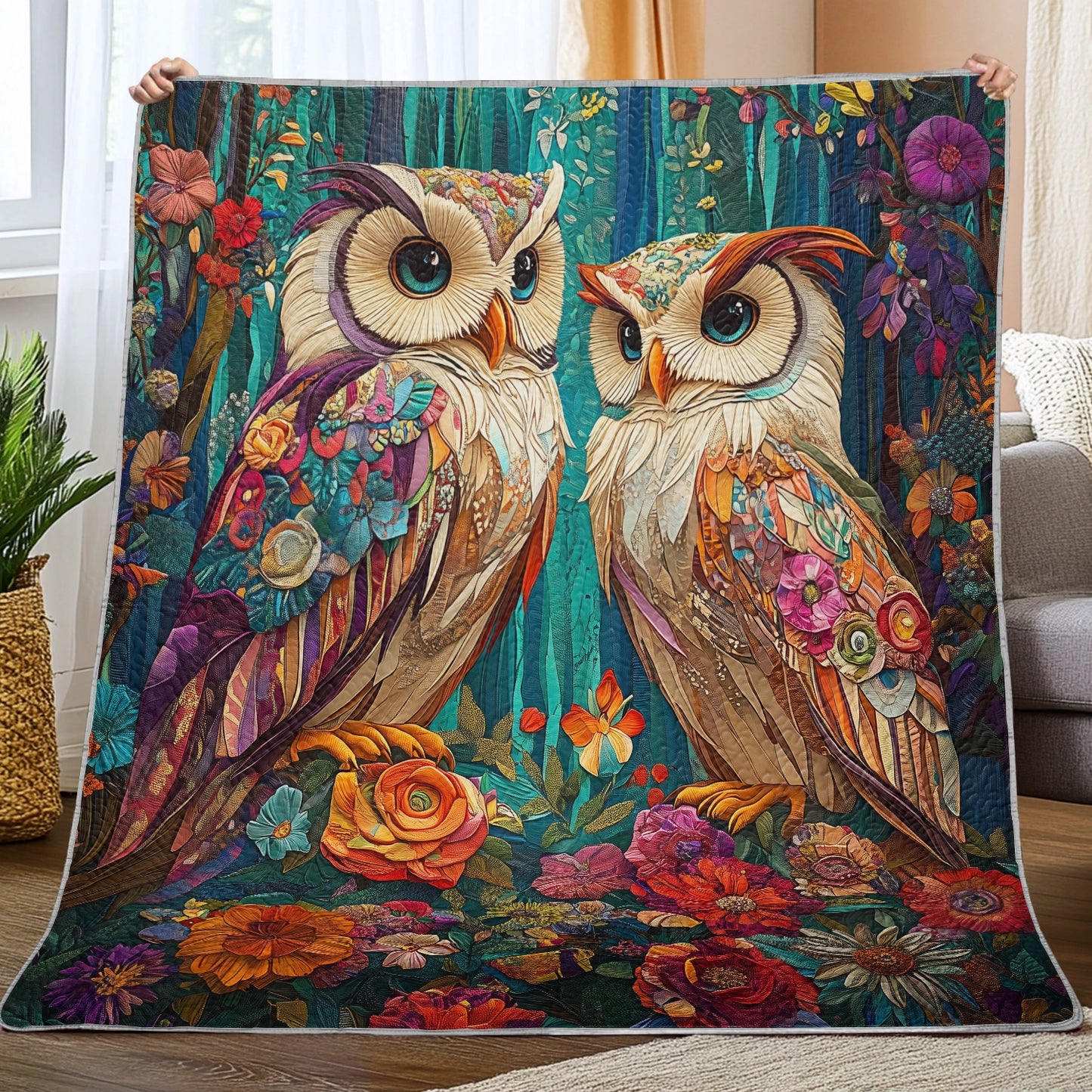 Shineful Flat Print Faux Quilt Blanket - Whimsical Owls Amidst a Kaleidoscope of Forest Blooms