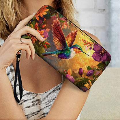 Shineful Leather Clutch Purse With Wristlet Strap Handle Hummingbird Blossom