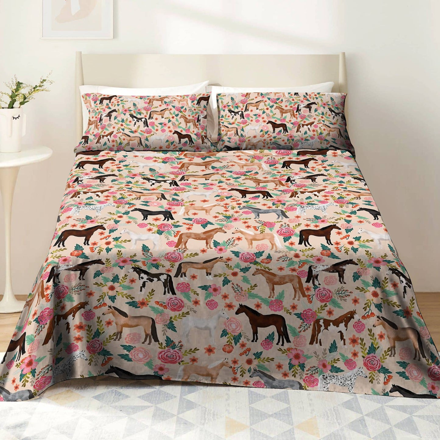 Shineful 4-Piece Bed Sheet Set Horse Blooming